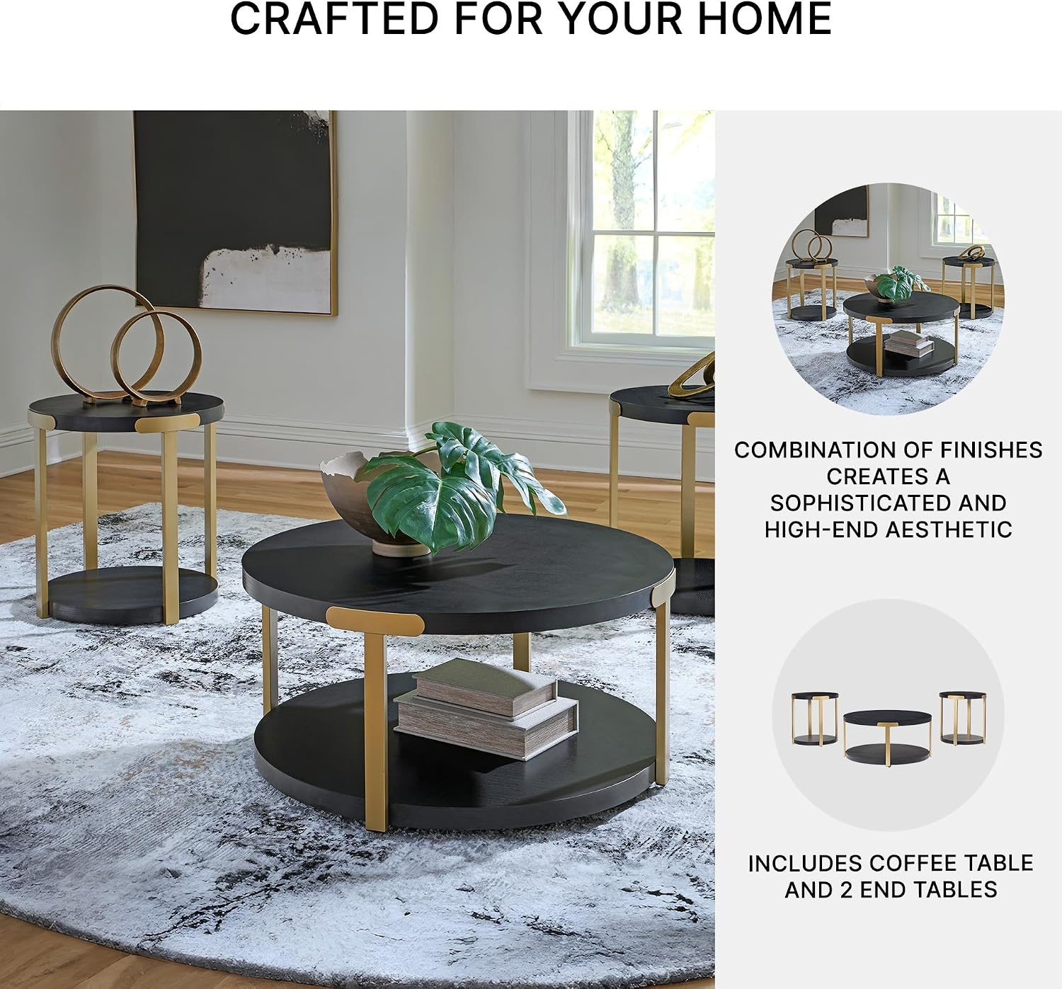 image:imageSignature Design by Ashley Shylore 3Piece Round Coffee Table Set with Casters Living Room Table Set Melamine Engineered Wood and Metal Frame Black and Goldtone
