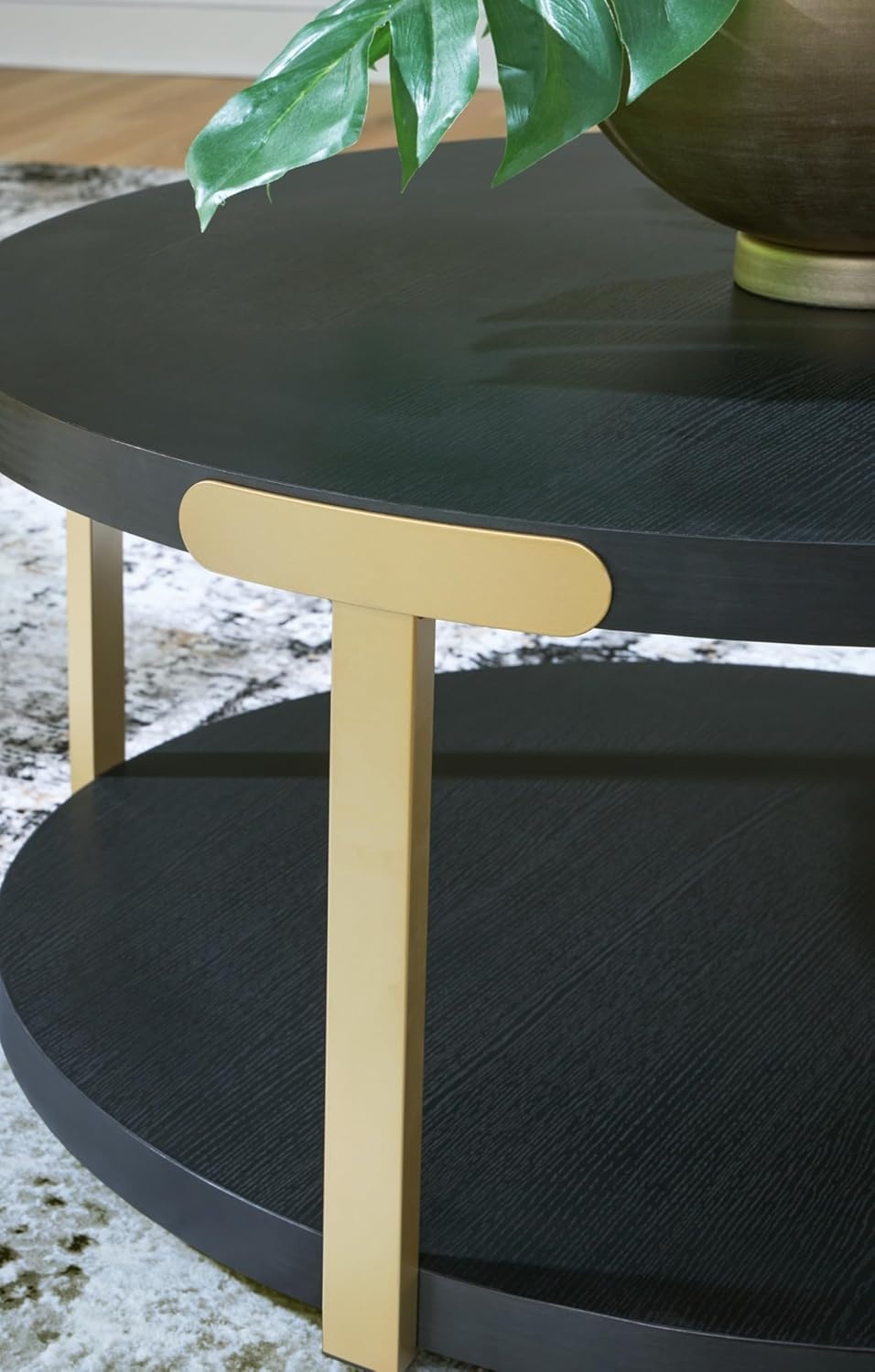 image:imageSignature Design by Ashley Shylore 3Piece Round Coffee Table Set with Casters Living Room Table Set Melamine Engineered Wood and Metal Frame Black and Goldtone