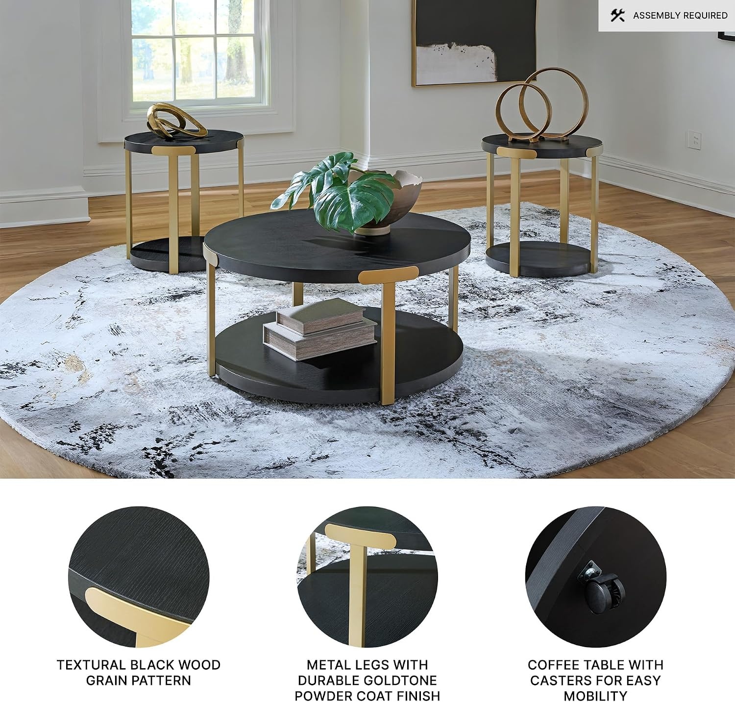 image:imageSignature Design by Ashley Shylore 3Piece Round Coffee Table Set with Casters Living Room Table Set Melamine Engineered Wood and Metal Frame Black and Goldtone