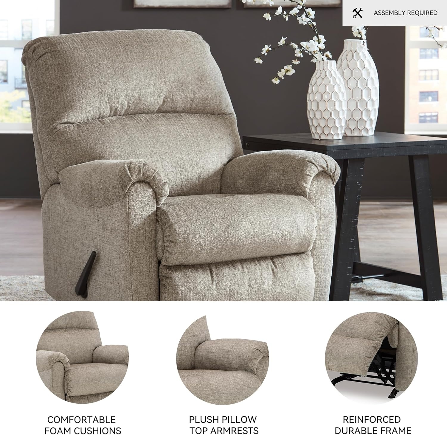 image:imageSignature Design by Ashley Stonemeade Rocker Recliner Chair Manual Pull Motion Polyester Chenille Upholstery Cozy Seating for Living Rooms 33 W Nutmeg BrownTaupe