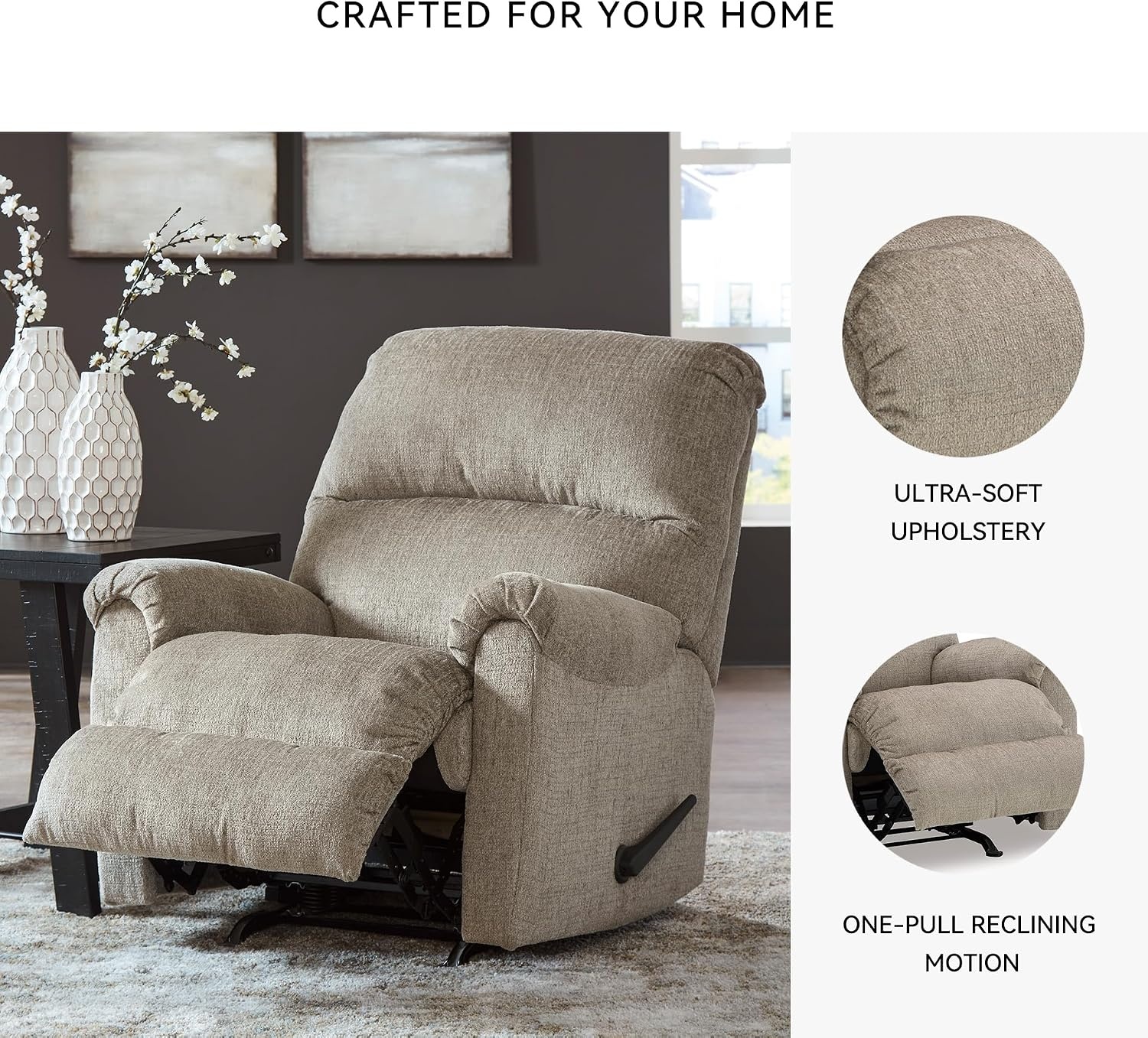 image:imageSignature Design by Ashley Stonemeade Rocker Recliner Chair Manual Pull Motion Polyester Chenille Upholstery Cozy Seating for Living Rooms 33 W Nutmeg BrownTaupe