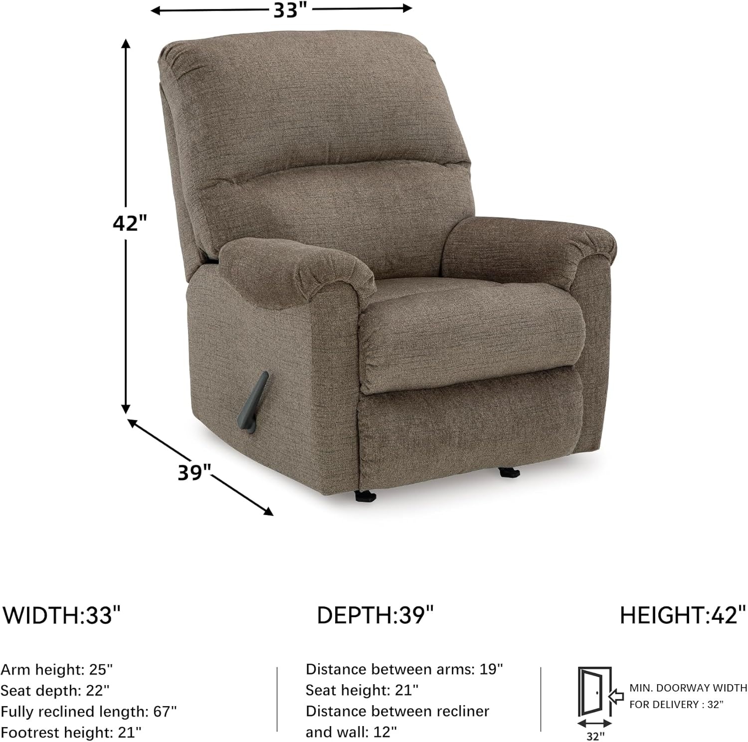 image:imageSignature Design by Ashley Stonemeade Rocker Recliner Chair Manual Pull Motion Polyester Chenille Upholstery Cozy Seating for Living Rooms 33 W Nutmeg BrownDark Brown