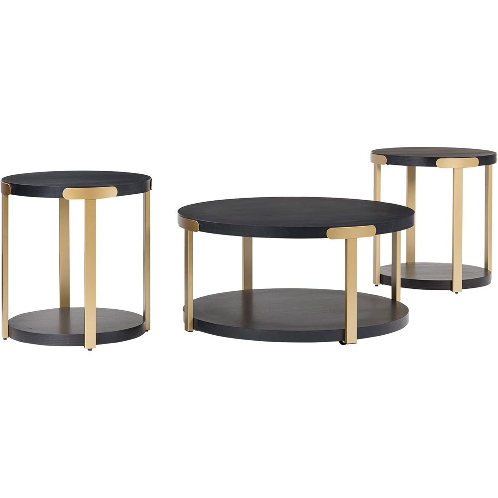 image:imageSignature Design by Ashley Shylore 3Piece Round Coffee Table Set with Casters Living Room Table Set Melamine Engineered Wood and Metal Frame Black and Goldtone