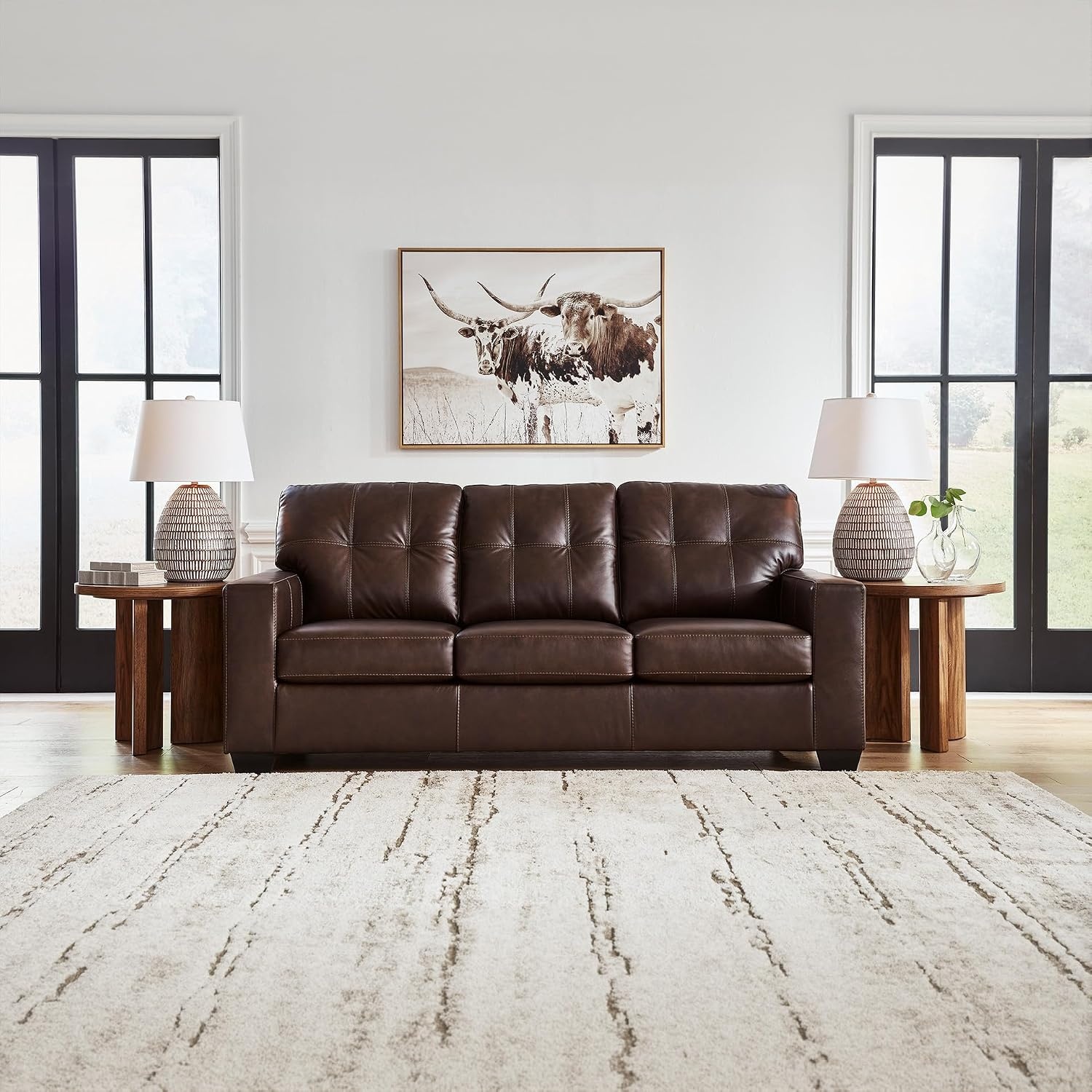 image:imageSignature Design by Ashley Santorine Classic Leather Match Sofa Sleeper with Tufted Cushion Removable Cushion and BiFold Memory Foam Mattress Queen Light GrayDark Brown
