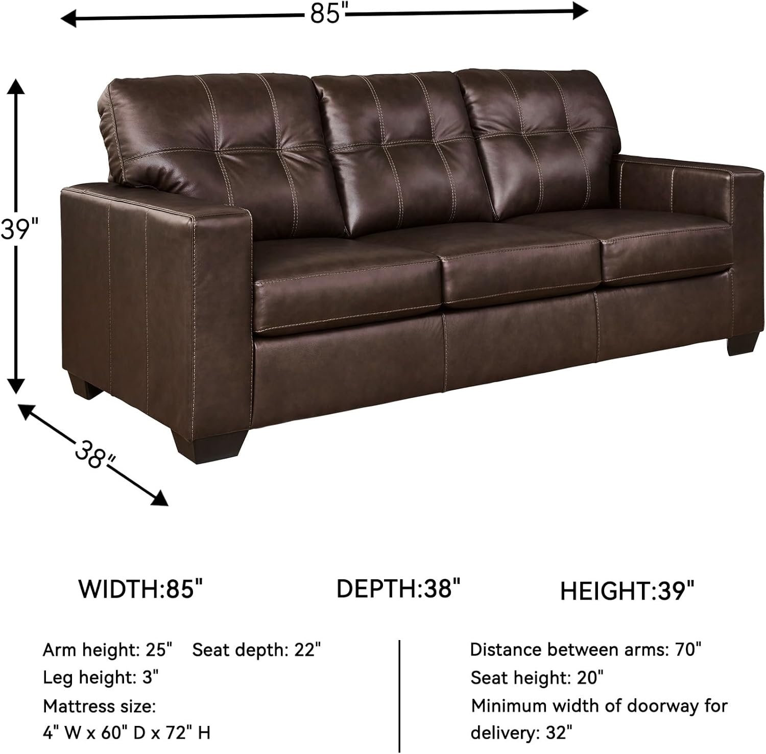 image:imageSignature Design by Ashley Santorine Classic Leather Match Sofa Sleeper with Tufted Cushion Removable Cushion and BiFold Memory Foam Mattress Queen Light GrayDark Brown