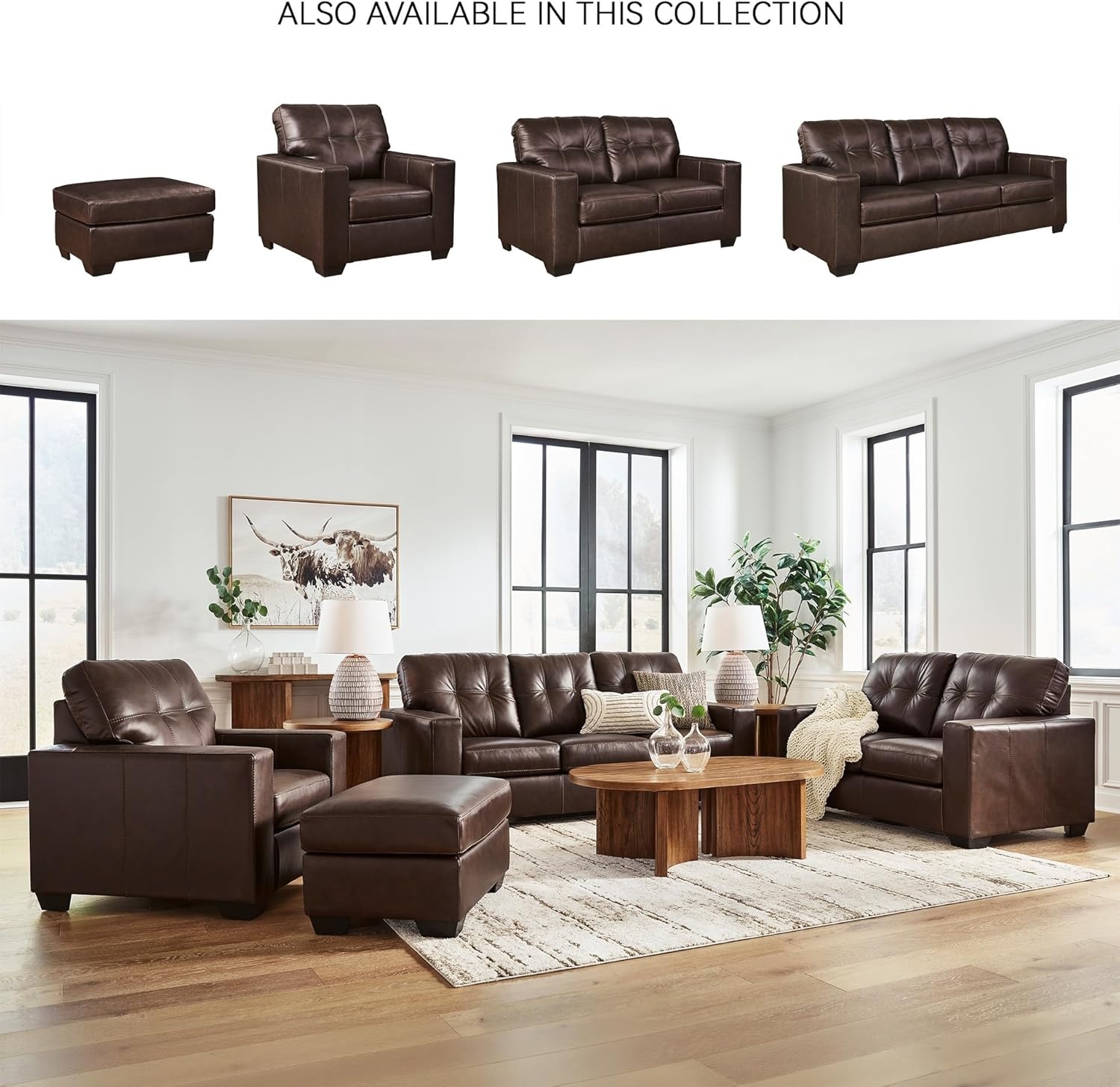 image:imageSignature Design by Ashley Santorine Classic Leather Match Sofa Sleeper with Tufted Cushion Removable Cushion and BiFold Memory Foam Mattress Queen Light GrayDark Brown