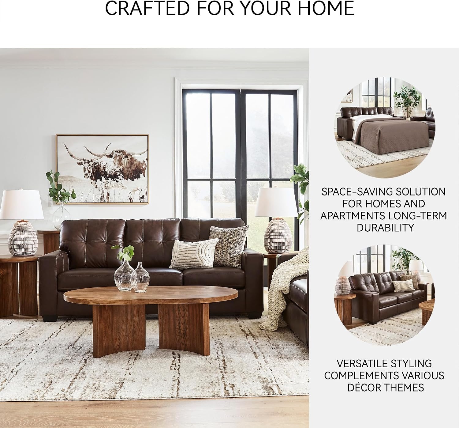 image:imageSignature Design by Ashley Santorine Classic Leather Match Sofa Sleeper with Tufted Cushion Removable Cushion and BiFold Memory Foam Mattress Queen Light GrayDark Brown
