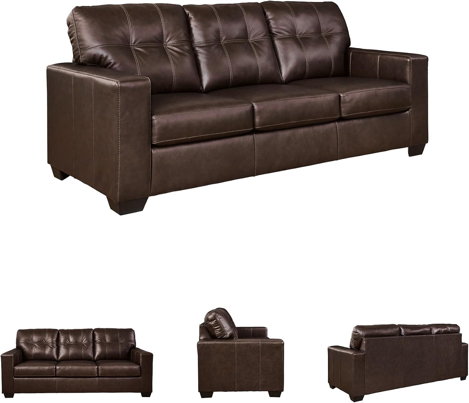 image:imageSignature Design by Ashley Santorine Classic Leather Match Sofa Sleeper with Tufted Cushion Removable Cushion and BiFold Memory Foam Mattress Queen Light GrayDark Brown