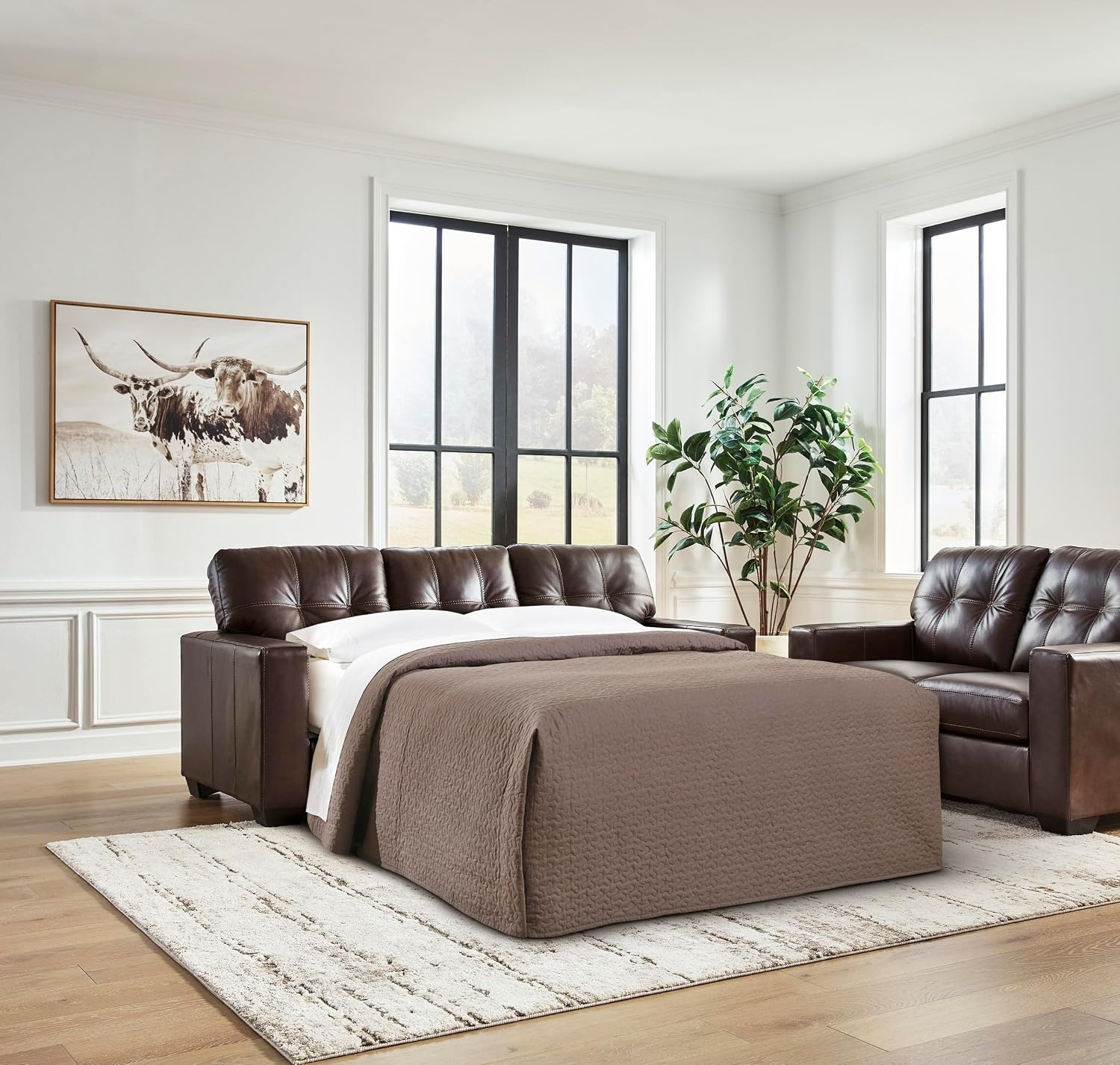 image:imageSignature Design by Ashley Santorine Classic Leather Match Sofa Sleeper with Tufted Cushion Removable Cushion and BiFold Memory Foam Mattress Queen Light GrayDark Brown