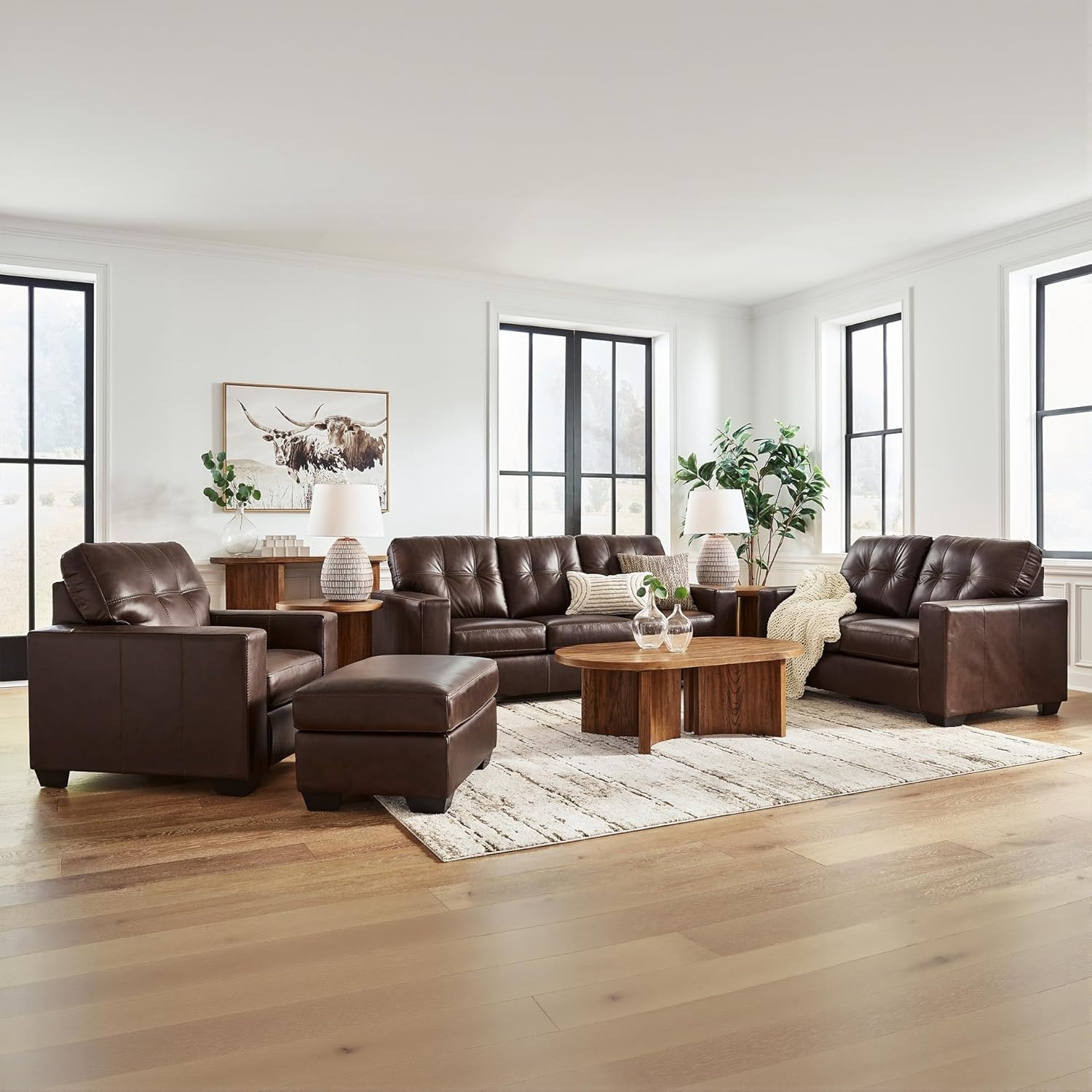 image:imageSignature Design by Ashley Santorine Classic Leather Match Sofa Sleeper with Tufted Cushion Removable Cushion and BiFold Memory Foam Mattress Queen Light GrayDark Brown