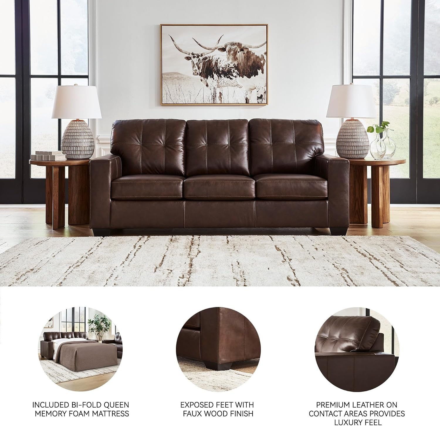 image:imageSignature Design by Ashley Santorine Classic Leather Match Sofa Sleeper with Tufted Cushion Removable Cushion and BiFold Memory Foam Mattress Queen Light GrayDark Brown