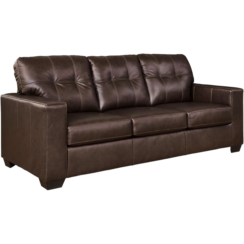 image:imageSignature Design by Ashley Santorine Classic Leather Match Sofa Sleeper with Tufted Cushion Removable Cushion and BiFold Memory Foam Mattress Queen Light GrayDark Brown