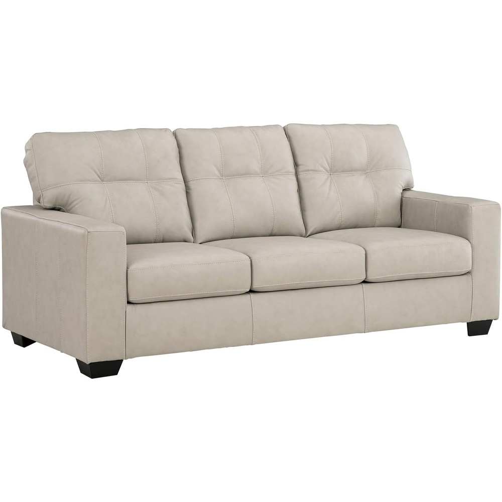 image:imageSignature Design by Ashley Santorine Classic Leather Match Sofa Sleeper with Tufted Cushion Removable Cushion and BiFold Memory Foam Mattress Queen Light GrayOff White
