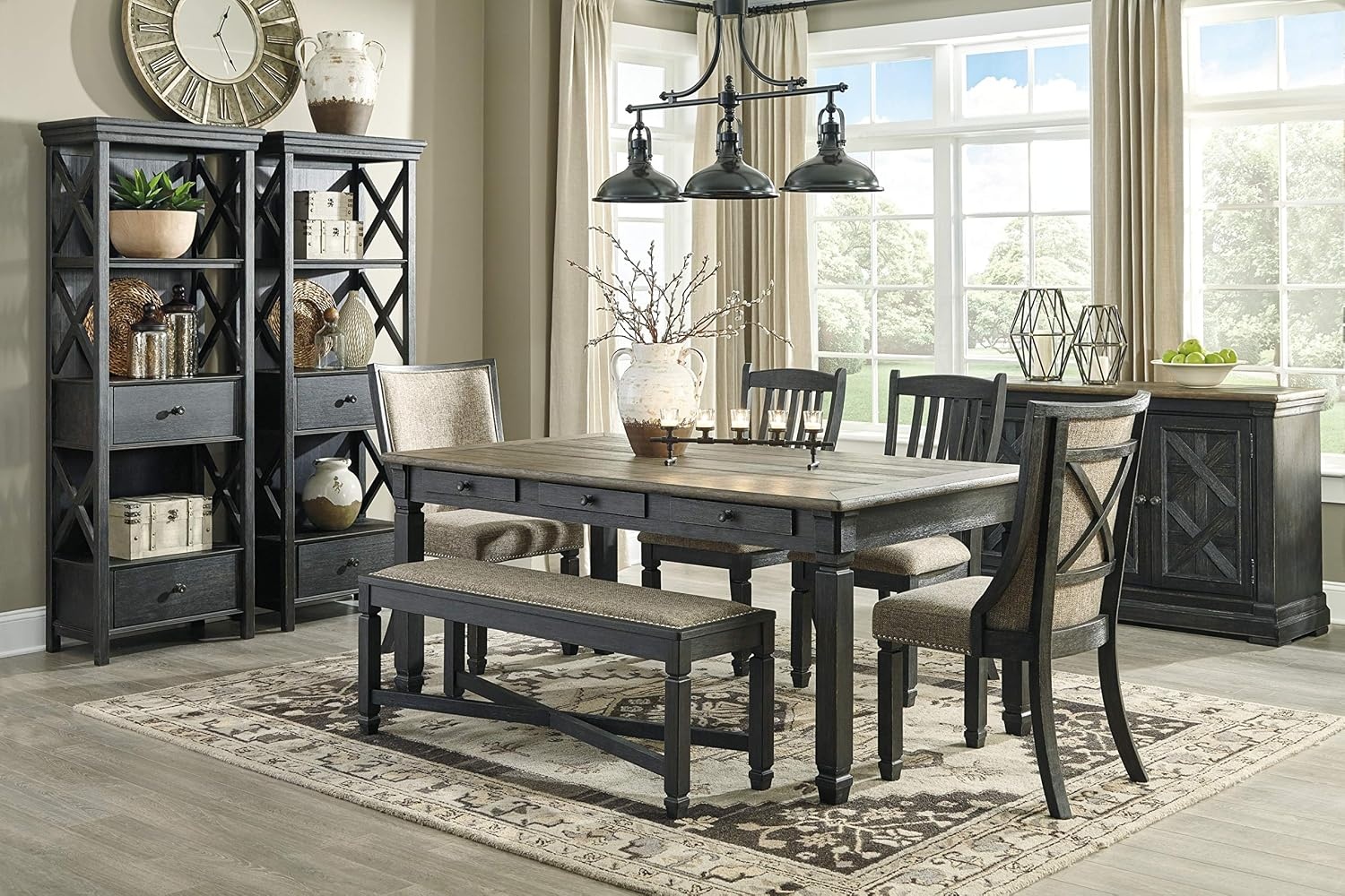 image:imageSignature Design Ashley Tyler Creek 75 Farmhouse Display Cabinet amp 2 Count Urban Farmhouse Dining Chairs Almost Black