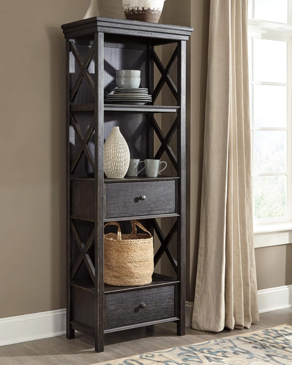 image:imageSignature Design Ashley Tyler Creek 75 Farmhouse Display Cabinet amp 2 Count Urban Farmhouse Dining Chairs Almost Black