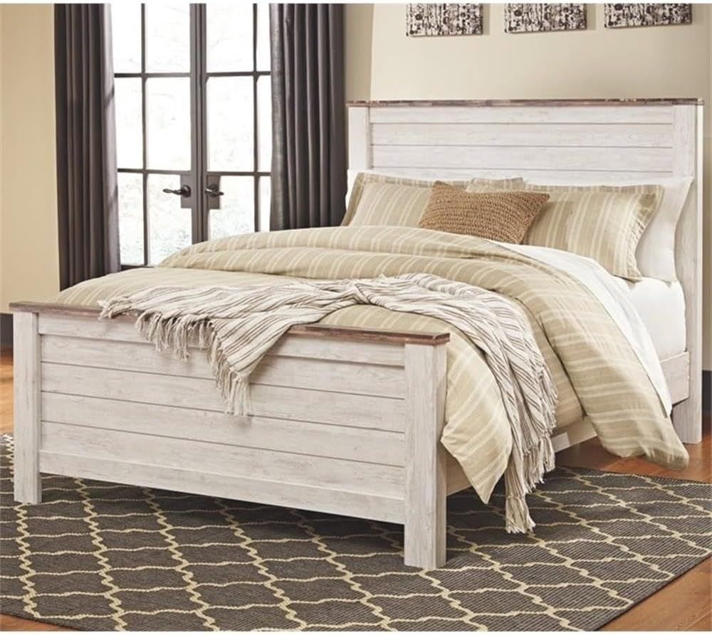 image:imageAshley Furniture Willowton 65 W x 87 D Farmhouse Wood Queen Sized Panel Bed in Whitewash FinishQueen