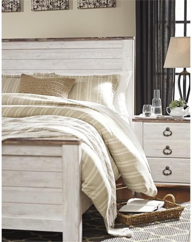 image:imageAshley Furniture Willowton 65 W x 87 D Farmhouse Wood Queen Sized Panel Bed in Whitewash FinishQueen