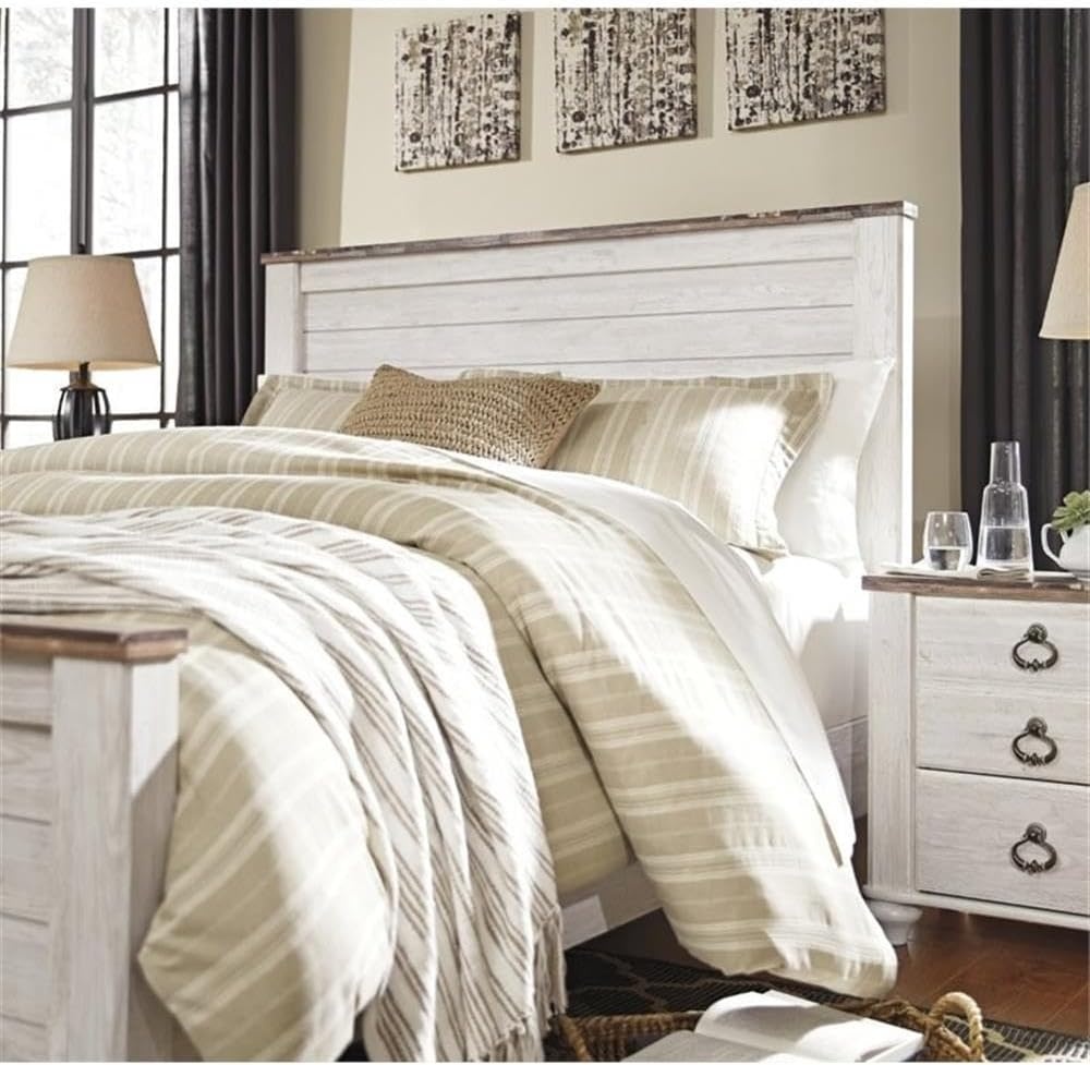 image:imageAshley Furniture Willowton 65 W x 87 D Farmhouse Wood Queen Sized Panel Bed in Whitewash FinishQueen