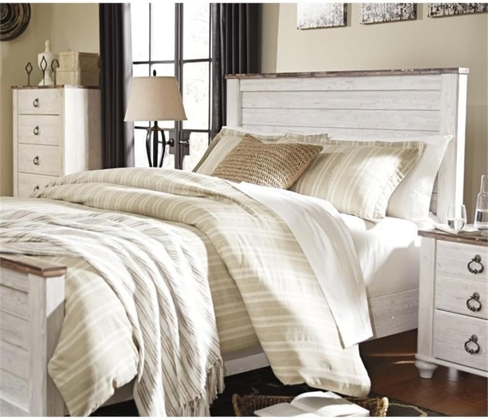 image:imageAshley Furniture Willowton 65 W x 87 D Farmhouse Wood Queen Sized Panel Bed in Whitewash FinishQueen