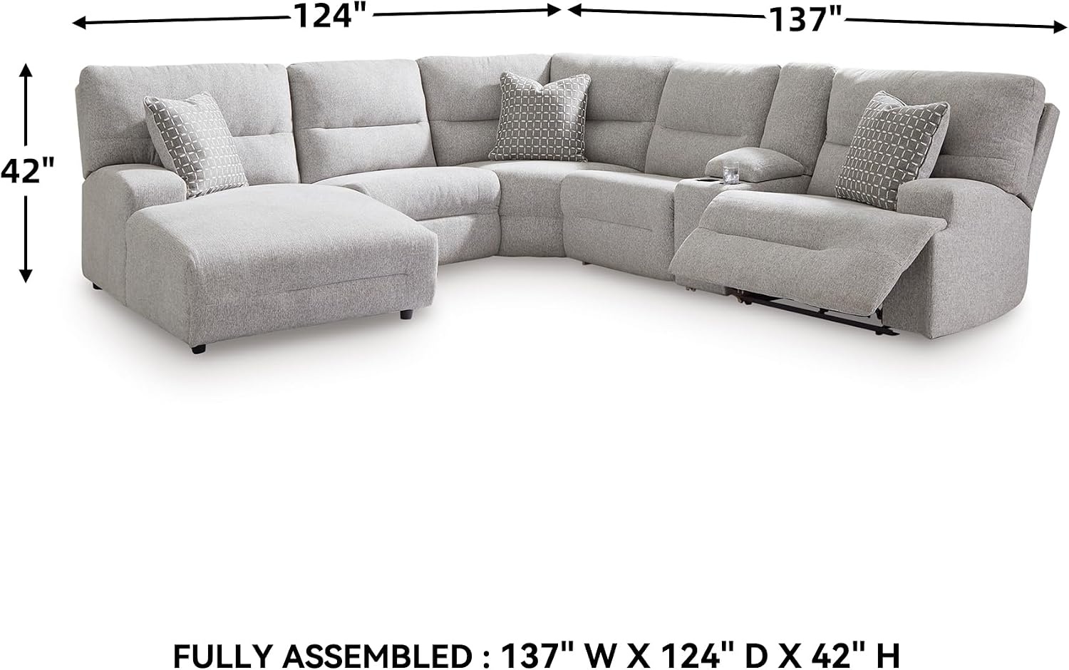 image:imageSignature Design by Ashley Acklen Place Power Reclining Sectional Sofa with Chaise Zero Gravity Posture amp Console NextGen Nuvella StainResistant Fabric Ideal for Living Room Lounging Pewter GrayPewter