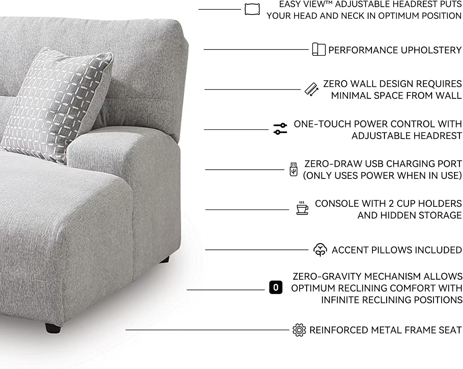 image:imageSignature Design by Ashley Acklen Place Power Reclining Sectional Sofa with Chaise Zero Gravity Posture amp Console NextGen Nuvella StainResistant Fabric Ideal for Living Room Lounging Pewter GrayPewter