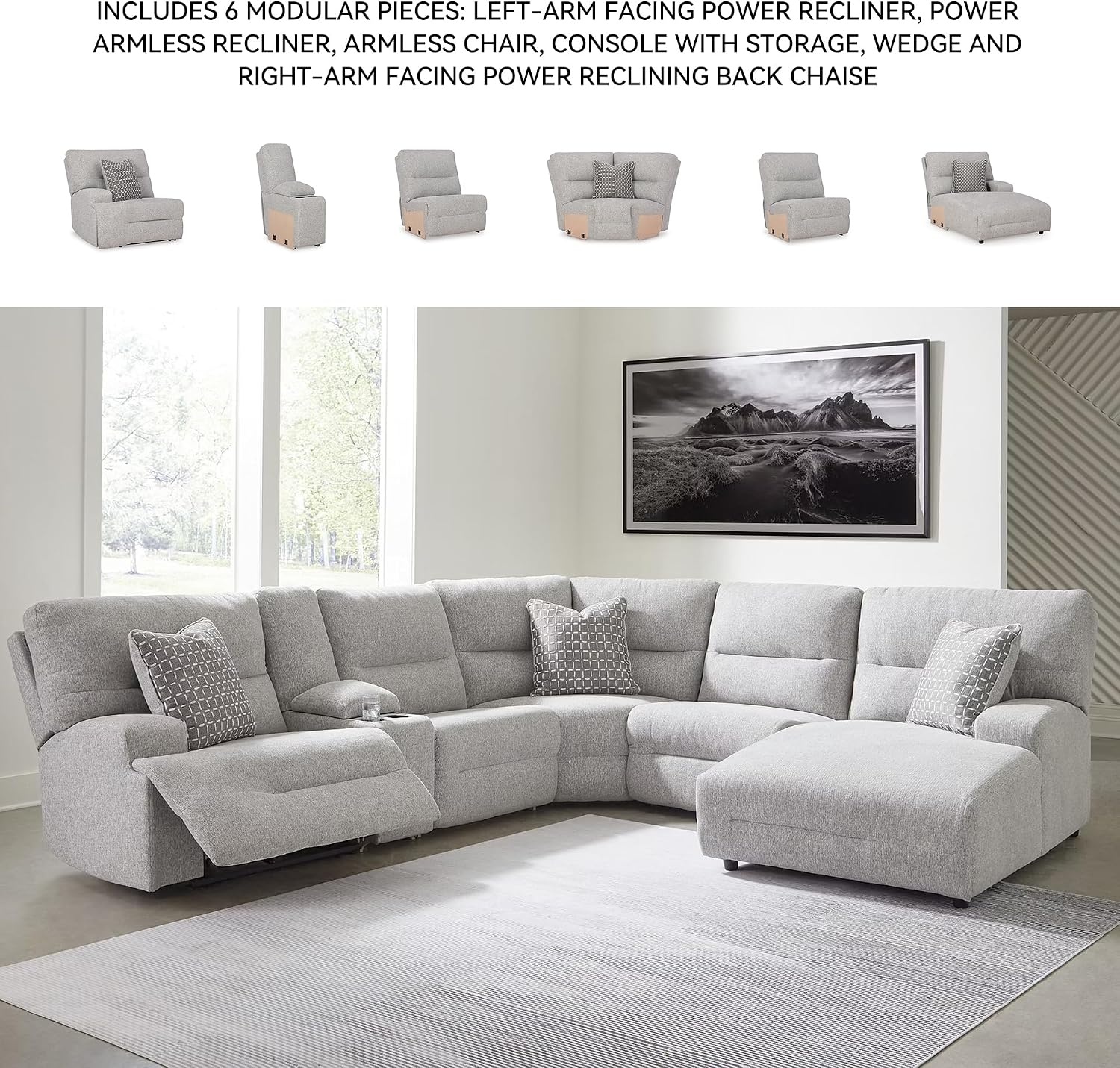 image:imageSignature Design by Ashley Acklen Place Power Reclining Sectional Sofa with Chaise Zero Gravity Posture amp Console NextGen Nuvella StainResistant Fabric Ideal for Living Room Lounging Pewter GrayPewter