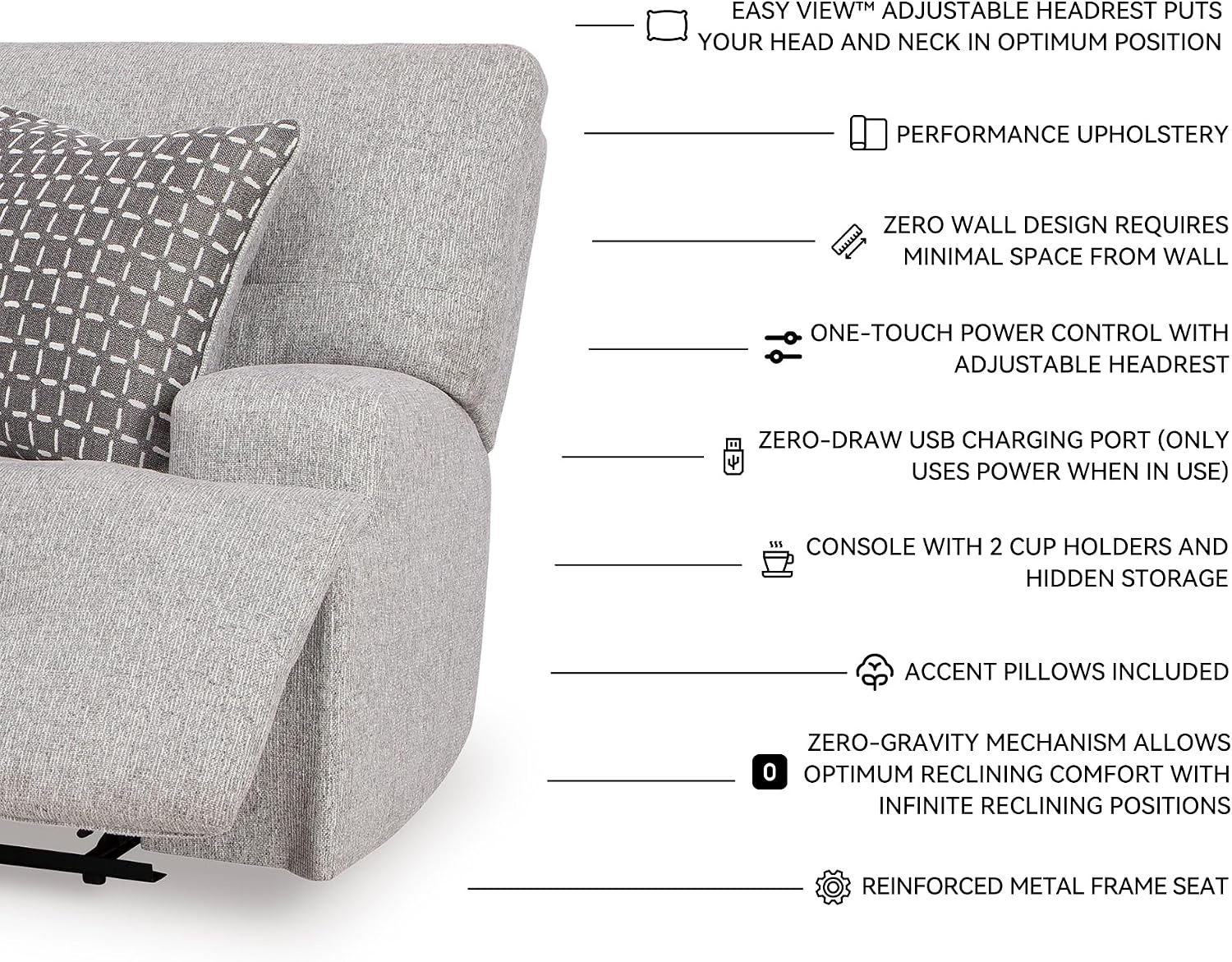 image:imageSignature Design by Ashley Acklen Place Power Reclining Sectional Sofa with Chaise Zero Gravity Posture amp Console NextGen Nuvella StainResistant Fabric Ideal for Living Room Lounging Pewter GrayPewter