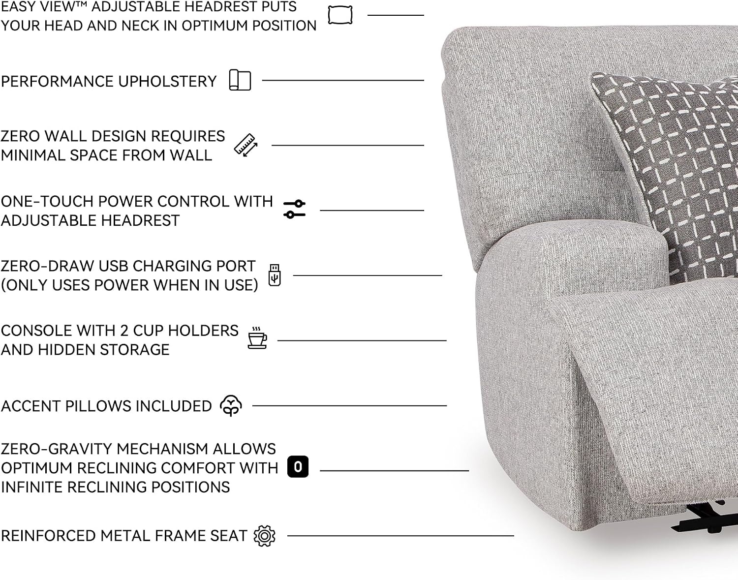 image:imageSignature Design by Ashley Acklen Place Power Reclining Sectional Sofa with Chaise Zero Gravity Posture amp Console NextGen Nuvella StainResistant Fabric Ideal for Living Room Lounging Pewter GrayPewter