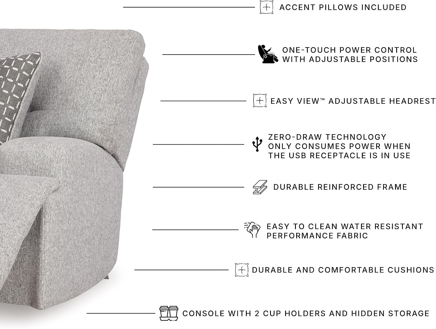 image:imageSignature Design by Ashley Acklen Place Power Reclining Sectional Sofa with Chaise Zero Gravity Posture amp Console NextGen Nuvella StainResistant Fabric Ideal for Living Room Lounging Pewter GrayPewter