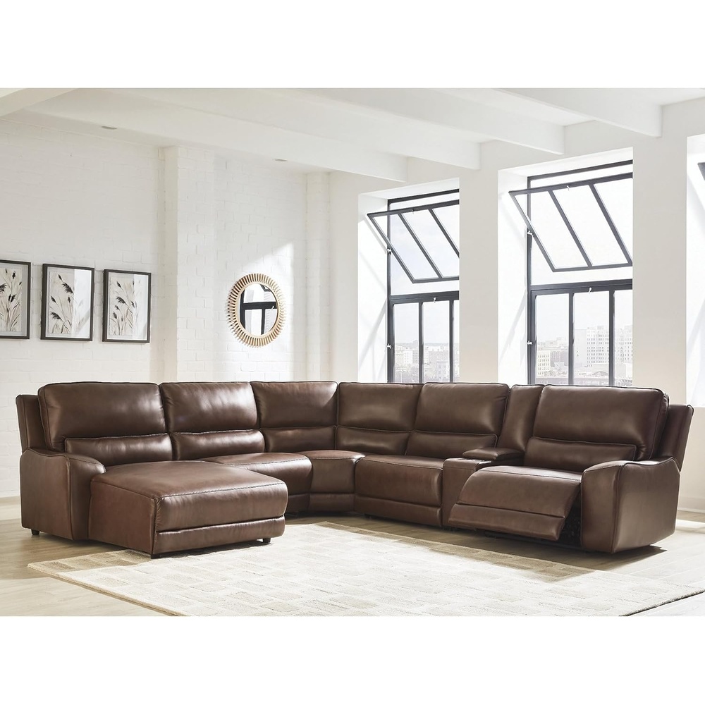 image:imageSignature Design by Ashley Silverbrooke Contemporary Leather Match 6Piece Power Reclining Sectional with Chaise Adjustable Headrest USB Ports and Storage Dark Brown
